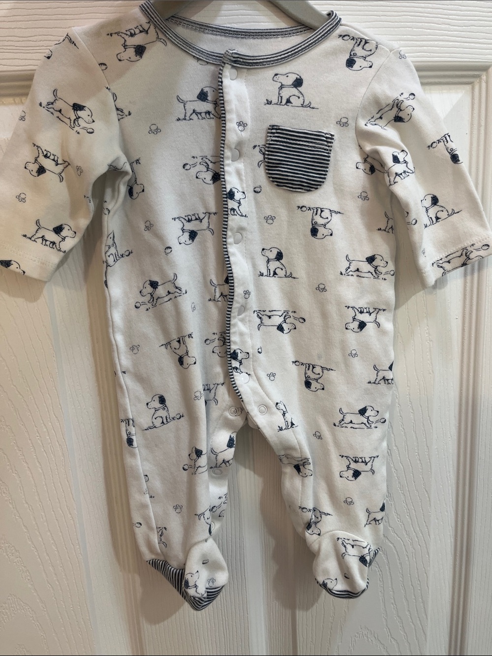 Little Me White Footed One-Piece with Navy Puppy Print